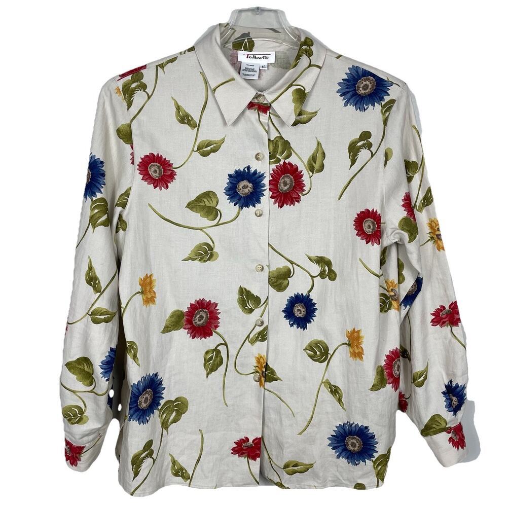 Vtg 80s Talbots 100% Linen Blouse Top Size 14 Beige Floral Classic Career USA